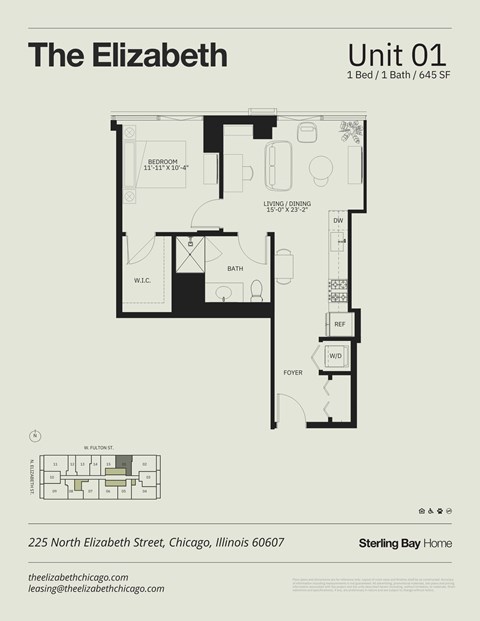 Floor plan for 1 bed, 1 bath, 645 sqft